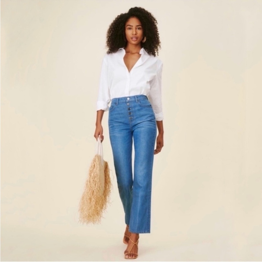 Reformation Cynthia Button Fly High-Rise Straight Jeans in Zenia Wash